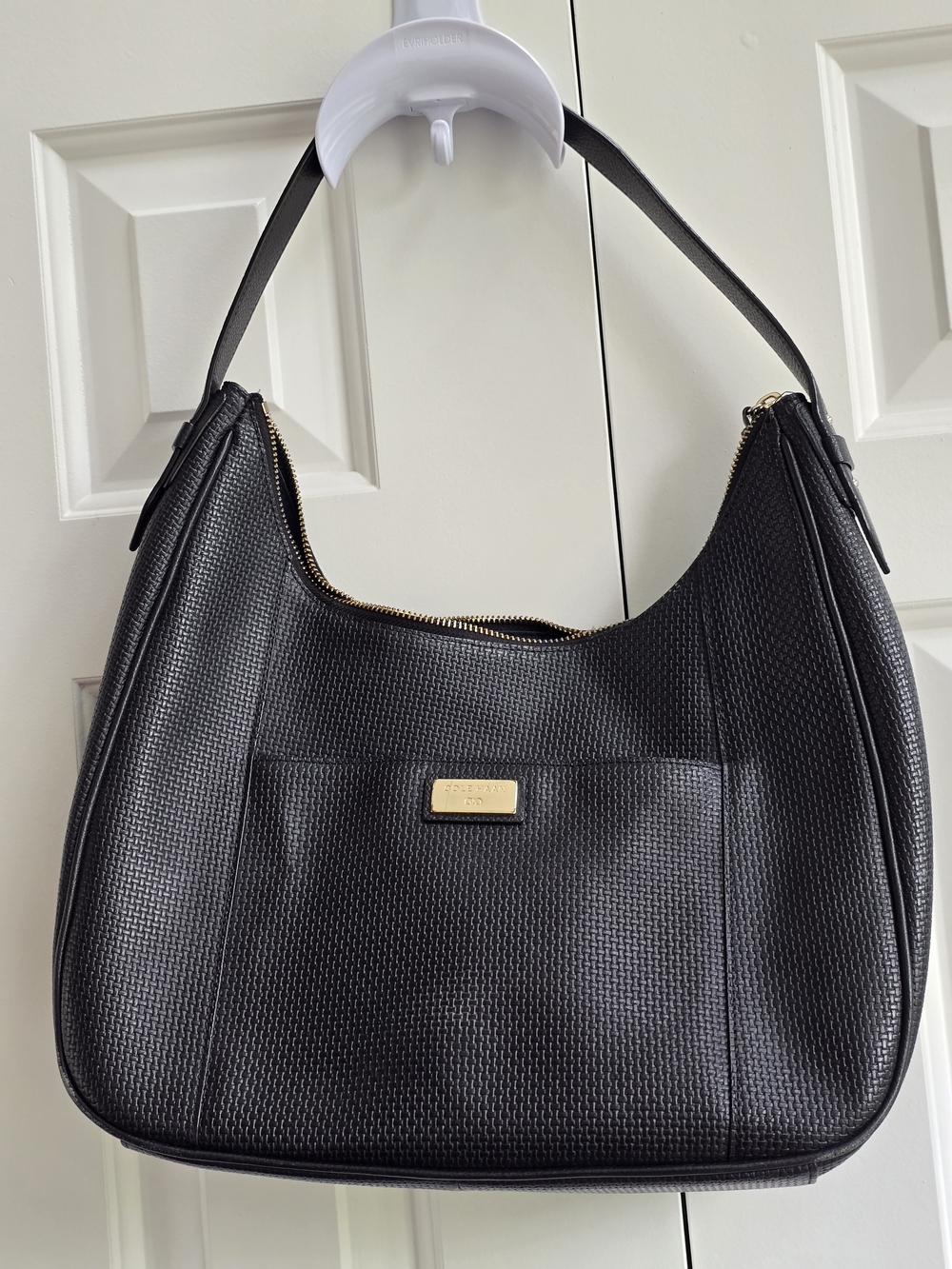 Cole Haan Black Textured Hobo Shoulder Bag with Gold Tone Hardware